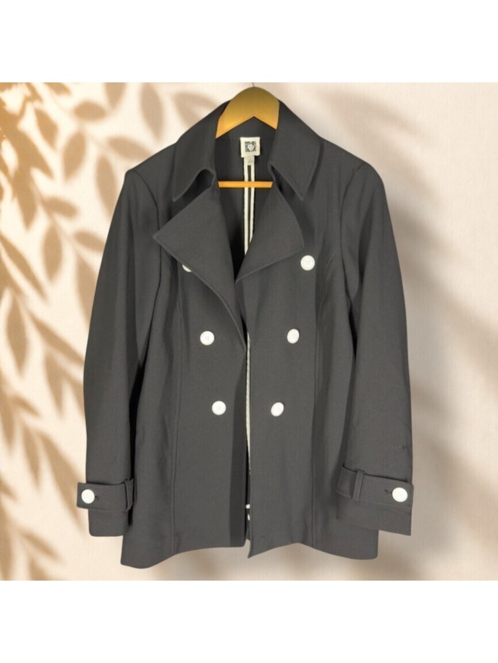 Anne Klein Pea Coat Women 8 Black Collared Button Long Sleeve Bodywarmer